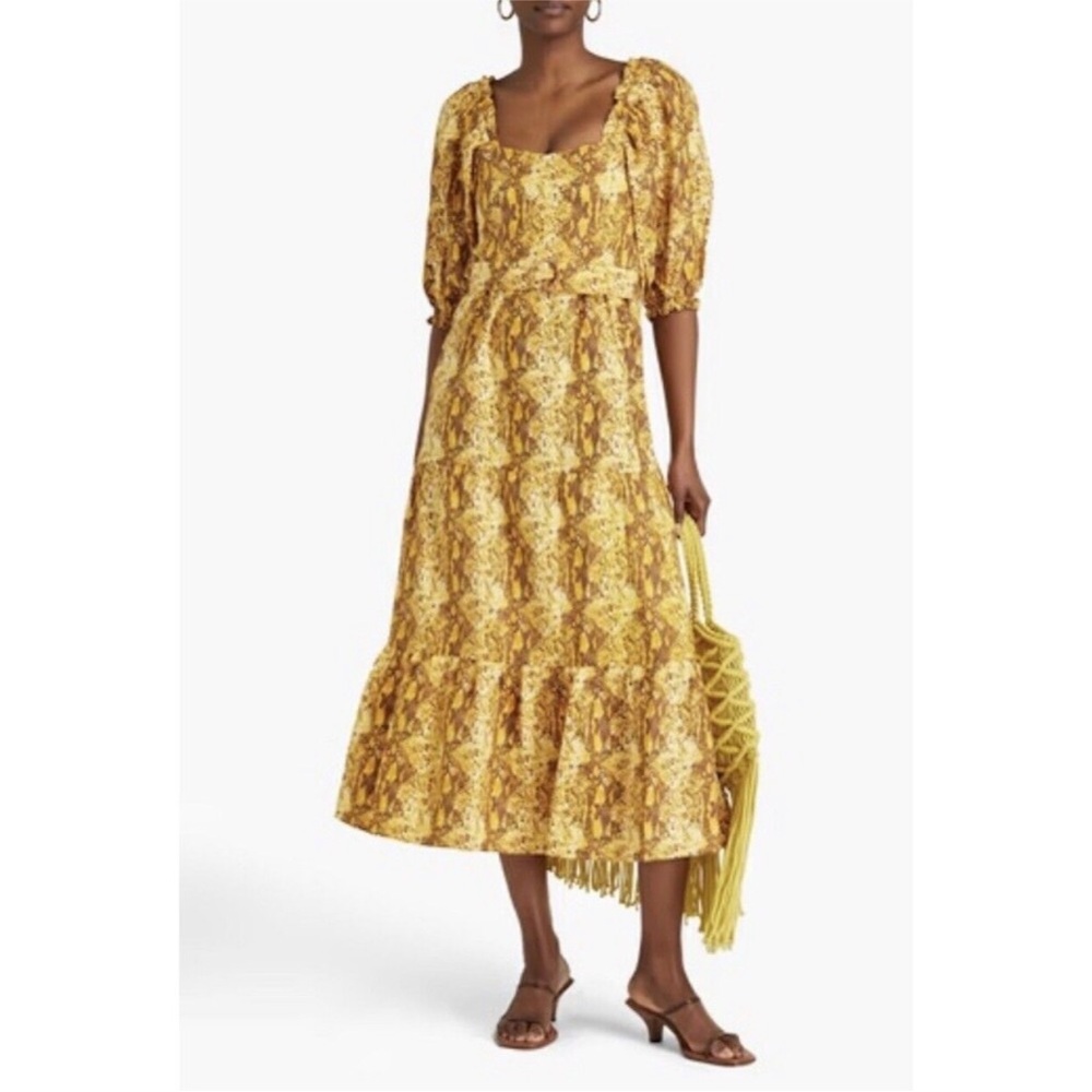 FAITHFULL the Brand Yellow Snake Print Linen Midi Peasant Dress Size‎ 12 Large